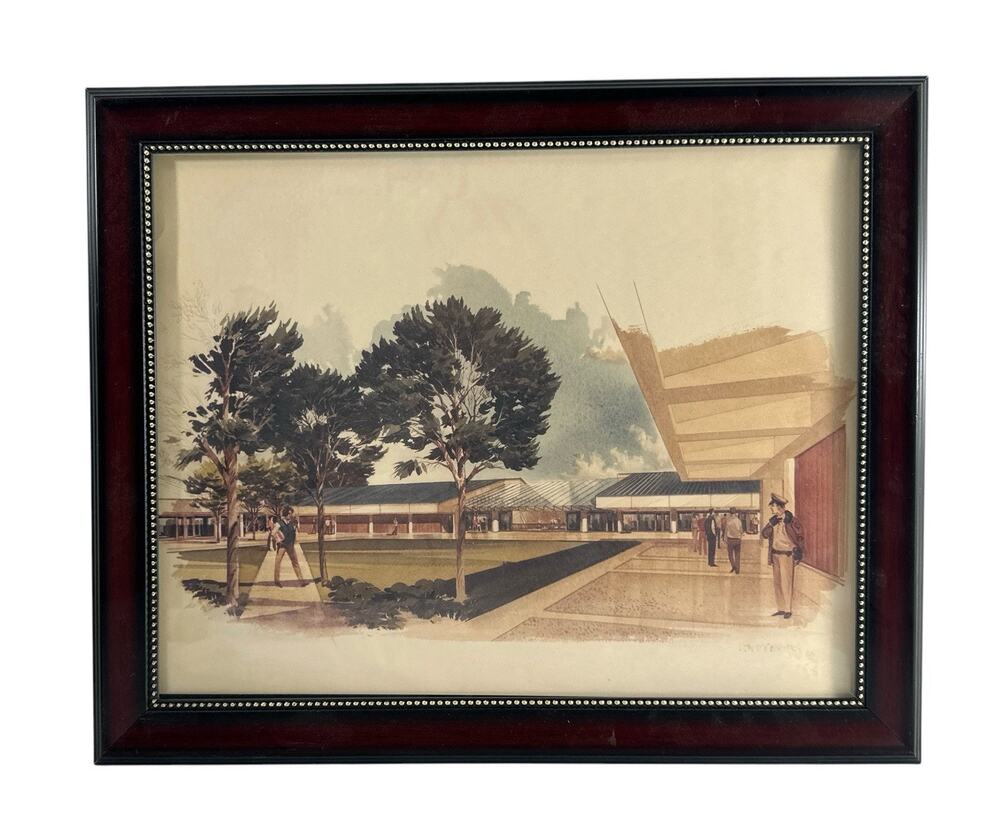 Larry Evans Architectural Rendering Art Print Vintage Campus Framed 16x13